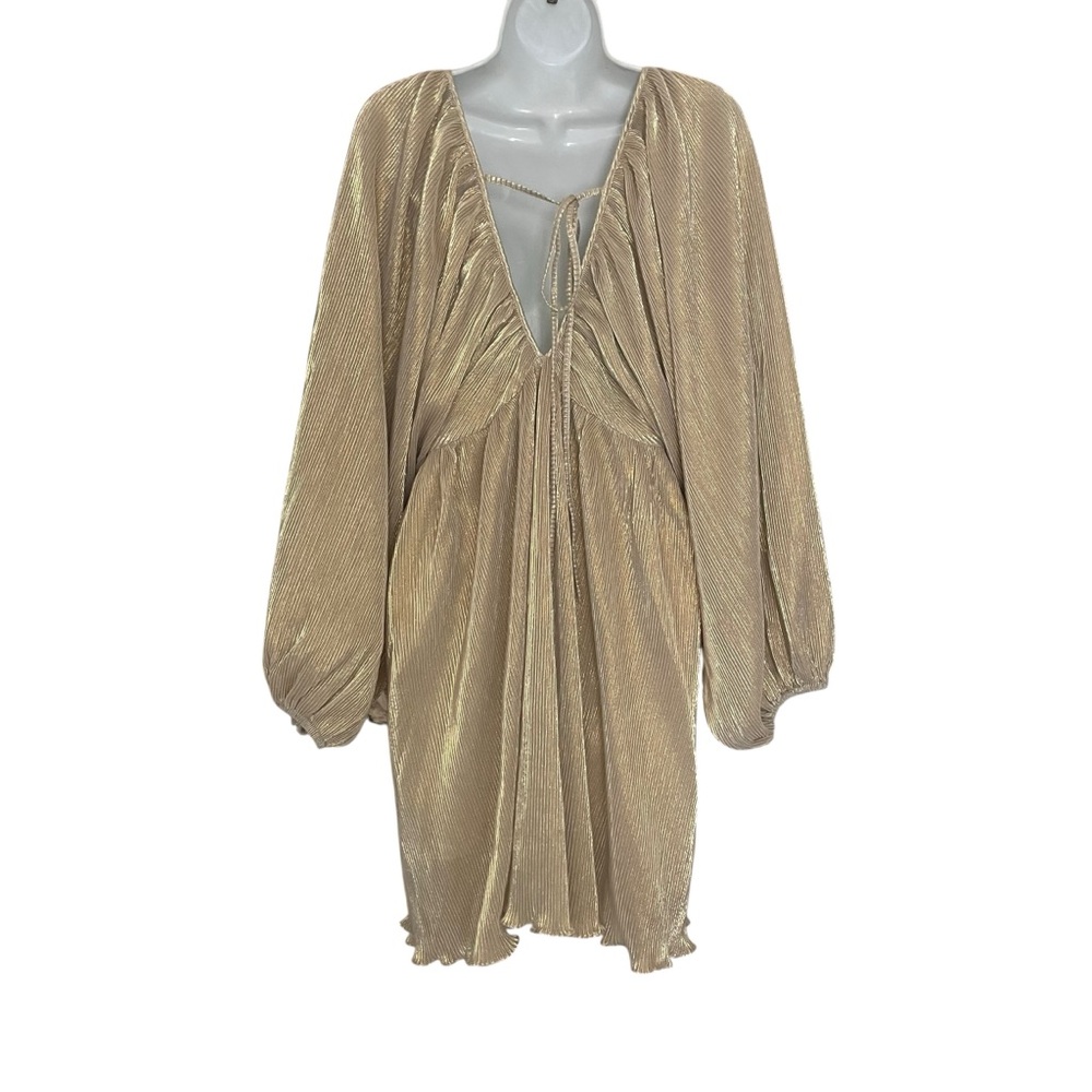 Mable Gold Plunge Neck Flowy Pleated Cocktail Dress Balloon Long Sleeve Mini L - Picture 4 of 13